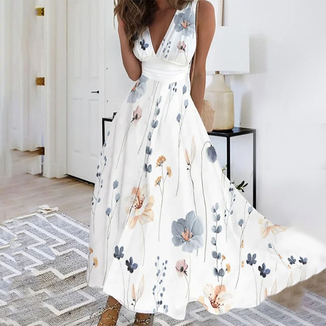 Women's sleeveless V-neck maxi dress in blue floral print, flowing silhouette for formal events