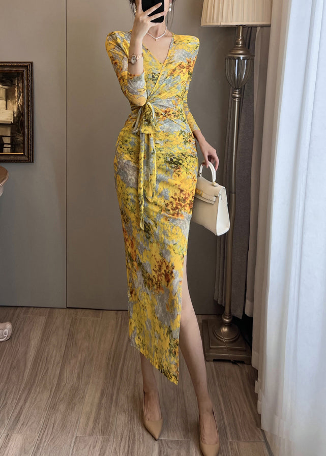 Robe de soirée en tulle imprimé jaune, ouverture latérale, été - Urbann-Vibe