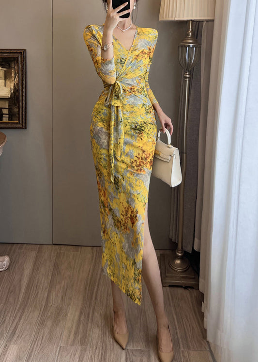Robe de soirée en tulle imprimé jaune, ouverture latérale, été - Urbann-Vibe