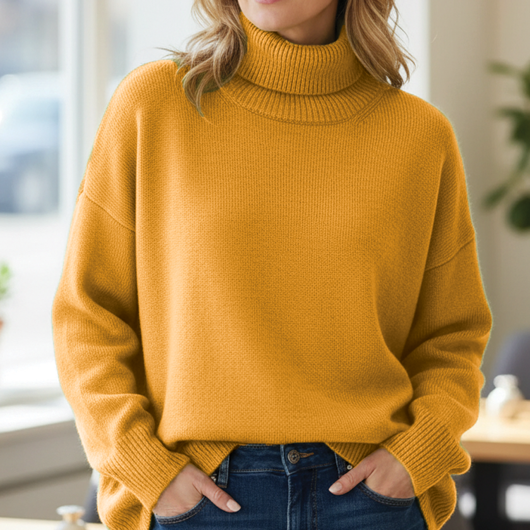 Women's oversized turtleneck sweater cozy ribbed knit in neutral tone with relaxed silhouette