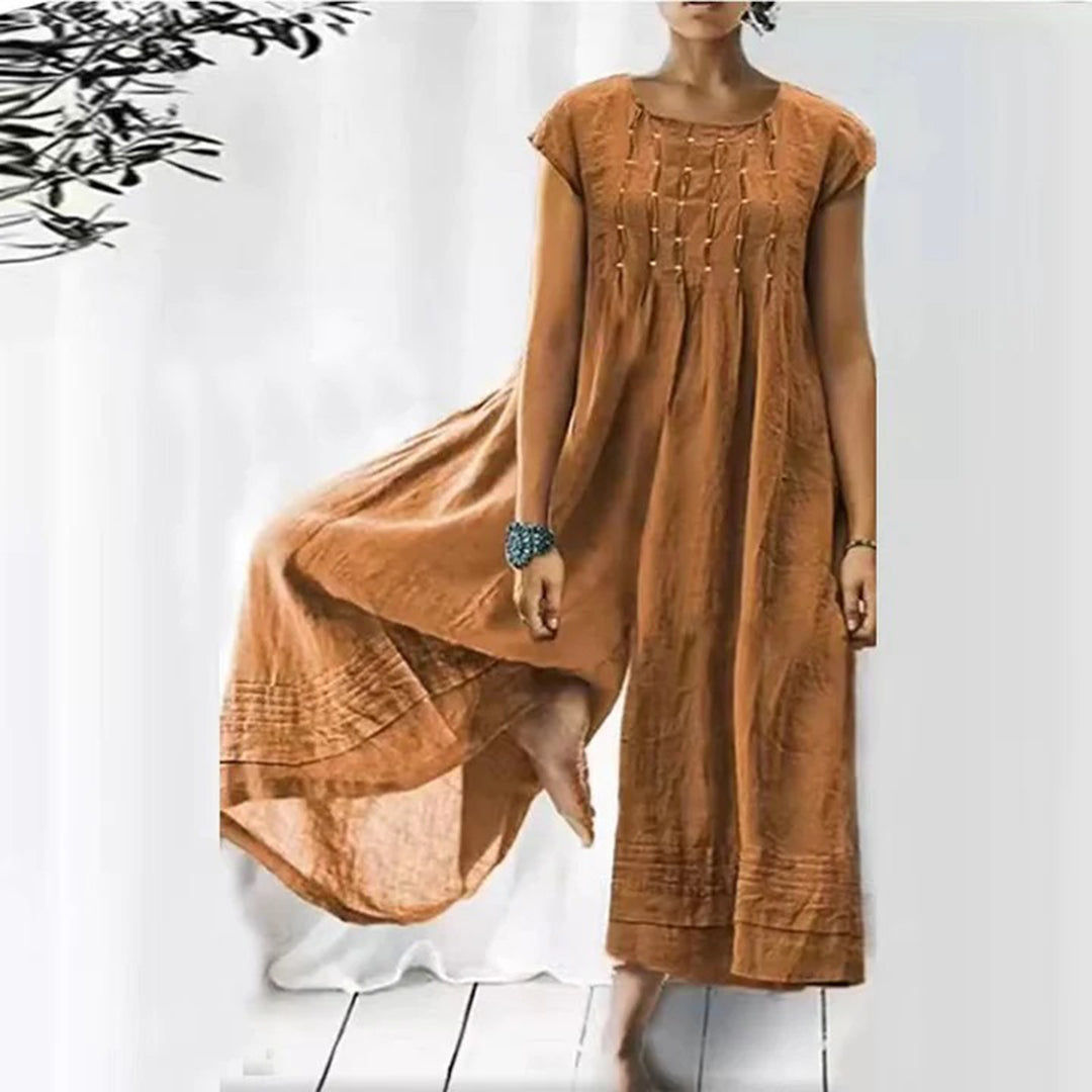 Women's boho long dress soft cotton blend airy fit short sleeves round neck vacation-ready lightweight