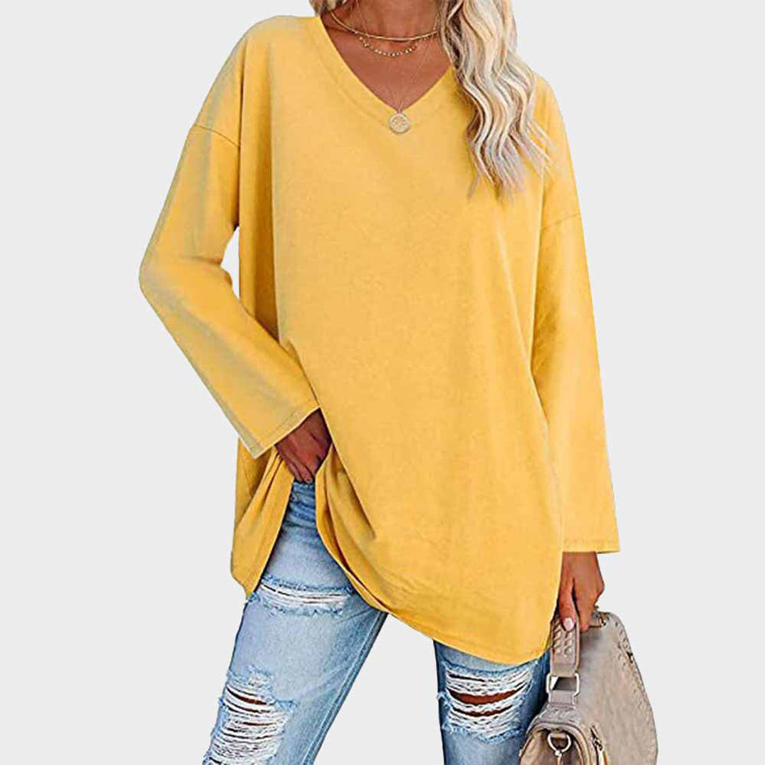 Women's casual loose fit long sleeve top in neutral tone with relaxed silhouette and V-neckline