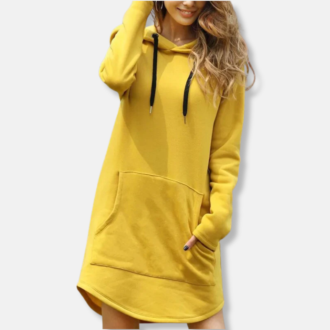 Women's relaxed fit hoodie dress in neutral cotton blend with kangaroo pocket for everyday comfort