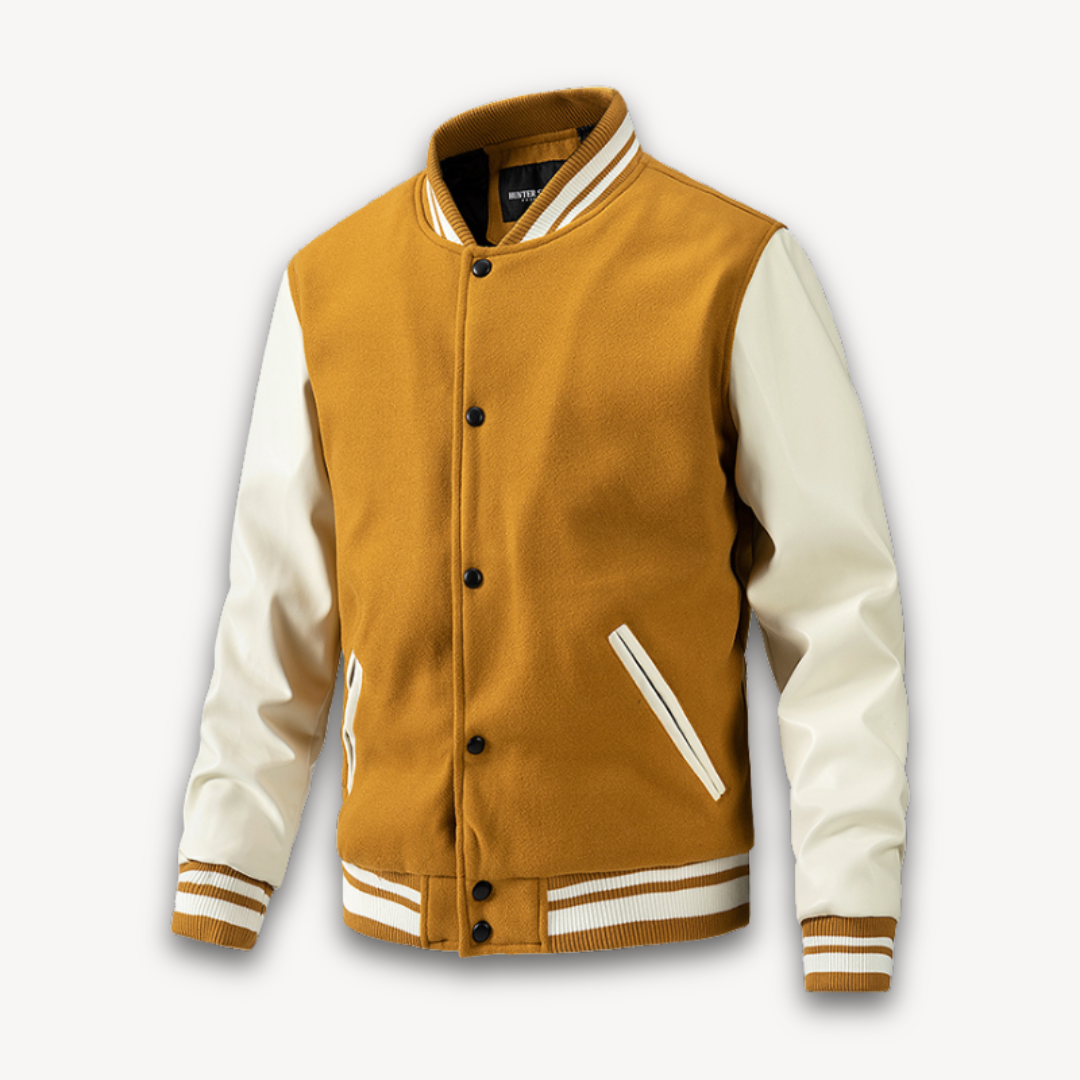 Men's black varsity jacket classic fit wool-look body leather-look sleeves snap button closure