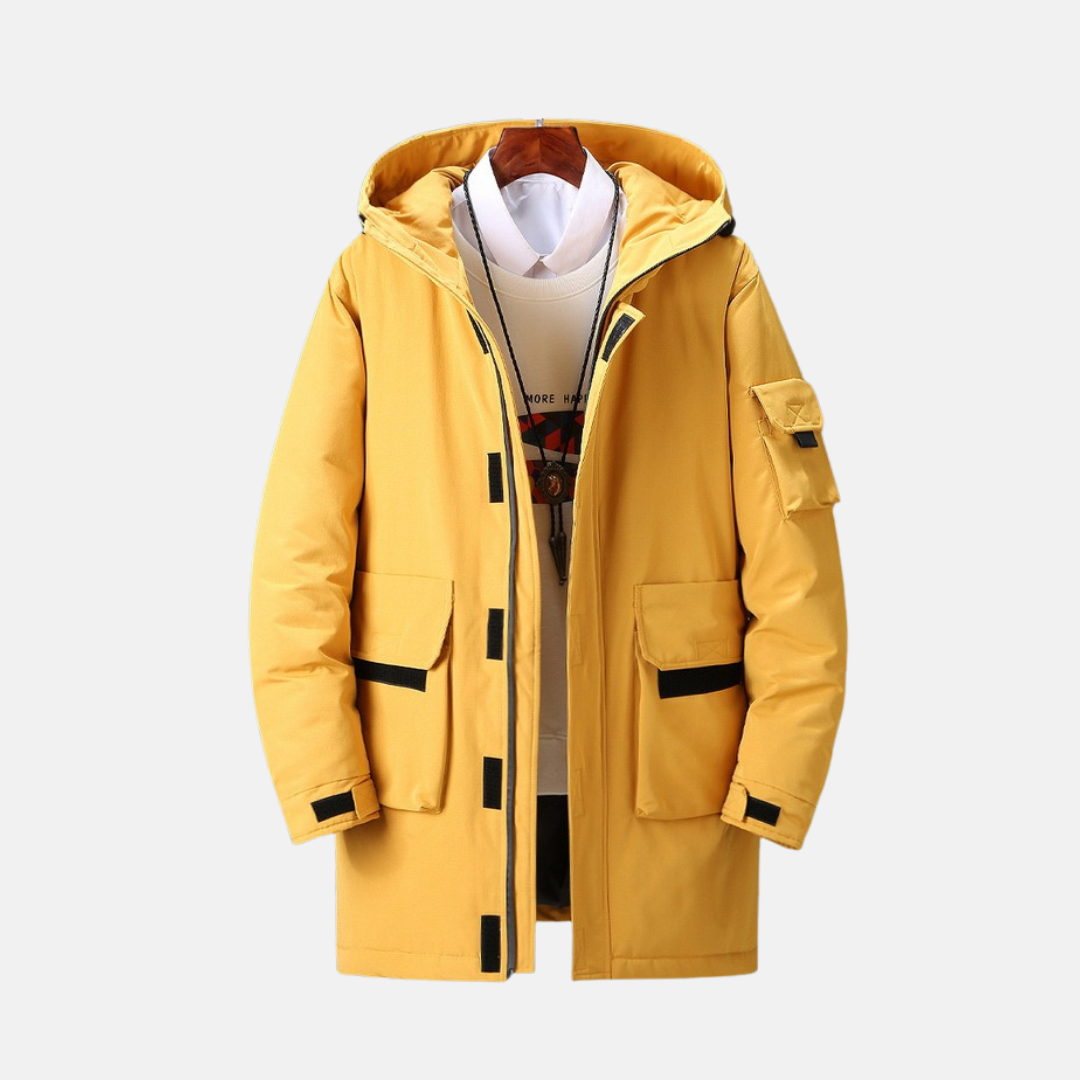 Men's hooded winter coat mid-thigh length durable woven polyester everyday commuter style