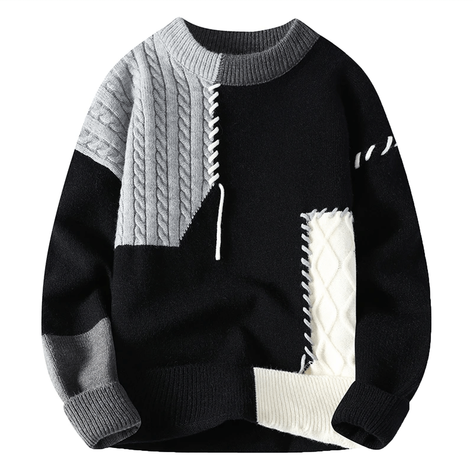 Men's multicolor patchwork knit sweater with relaxed loose fit and handcrafted stitched texture