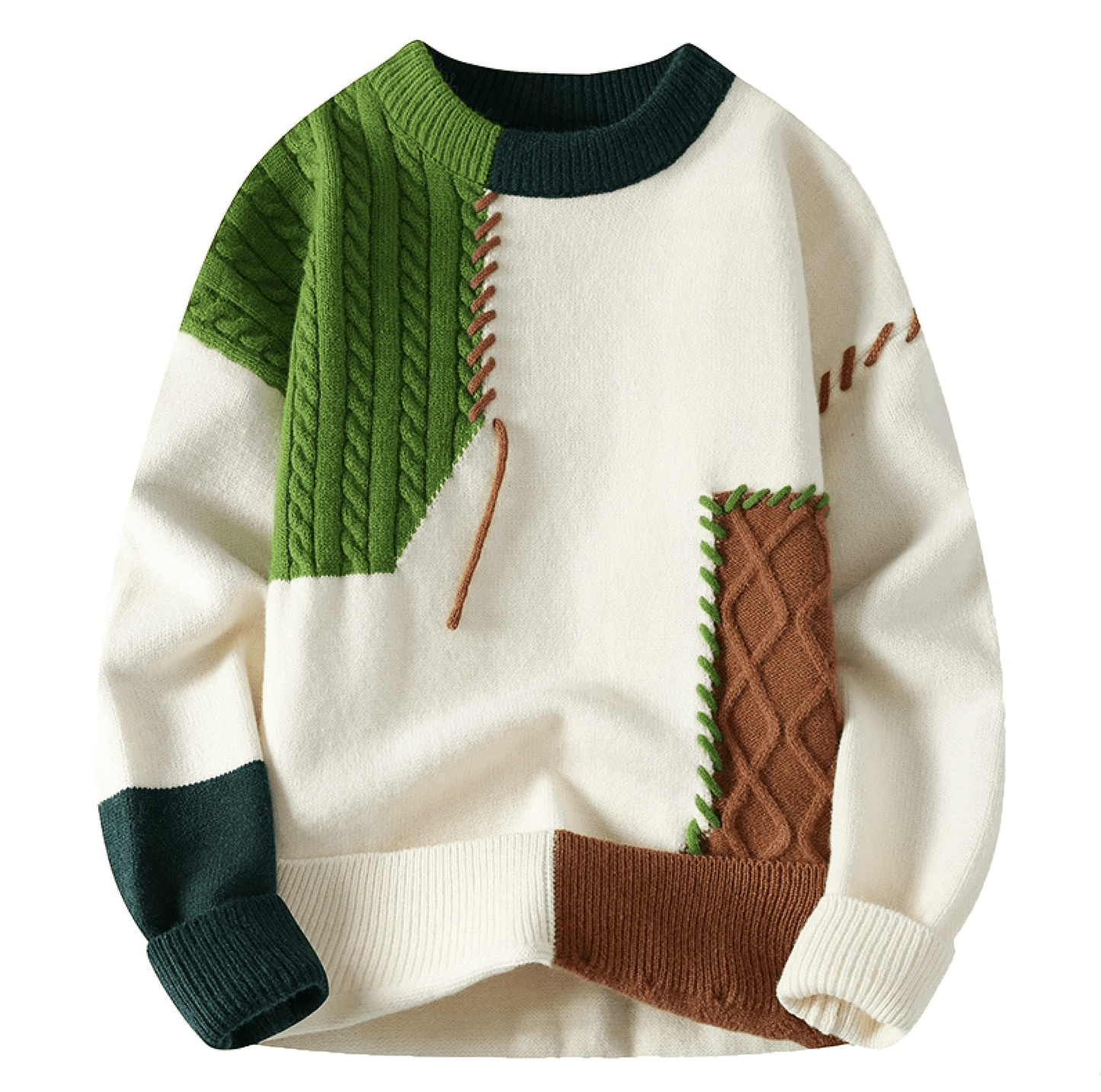 Men's multicolor patchwork knit sweater with relaxed loose fit and handcrafted stitched texture