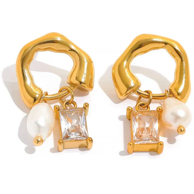 Geometric emerald green drop earrings with pearl details, modern rectangular silhouette for elegant evenings
