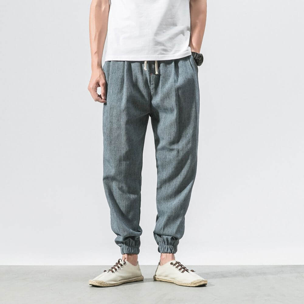 Men's beige linen blend pants relaxed straight cut breathable lightweight summer smart-casual style