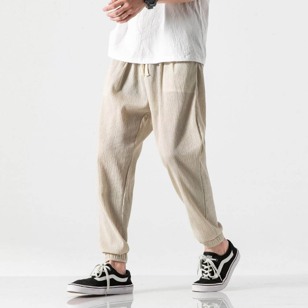 Men's beige linen blend pants relaxed fit breathable lightweight summer smart-casual trousers