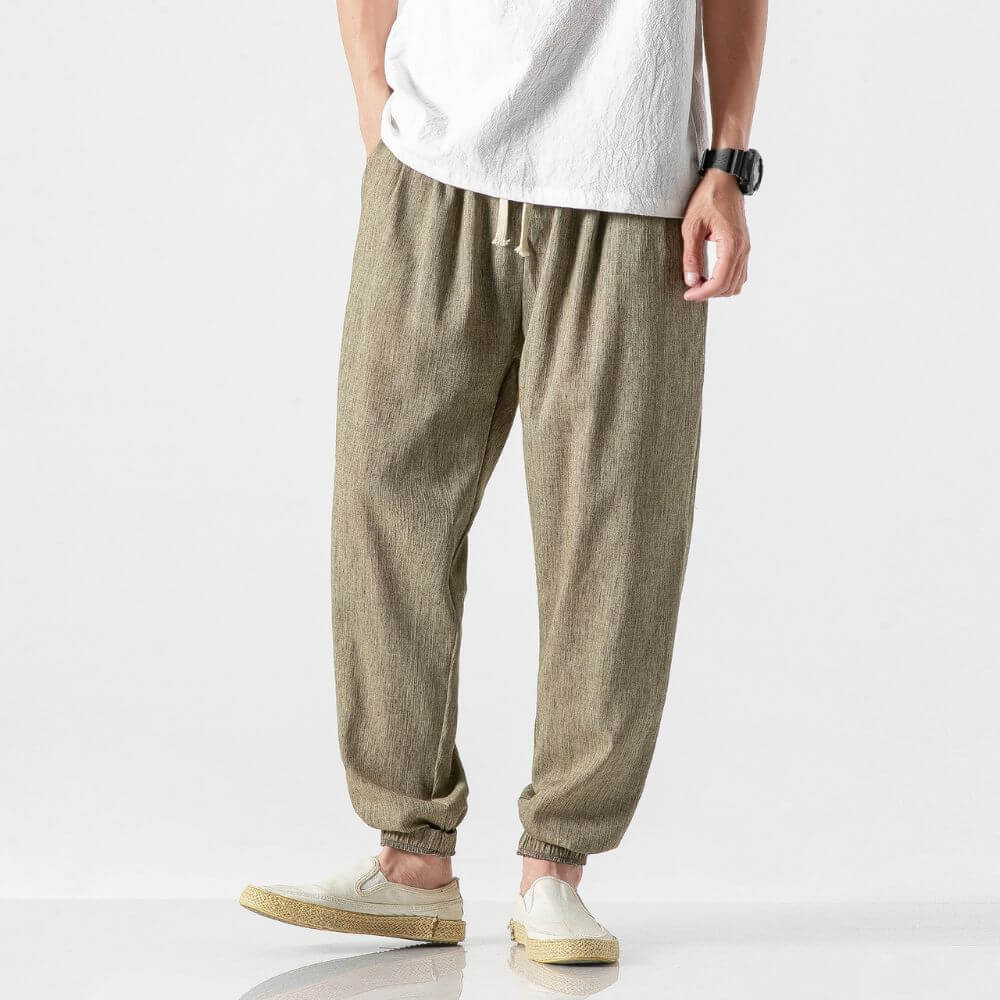 Men's lightweight cotton linen pants relaxed fit breathable casual comfort trousers in neutral tone