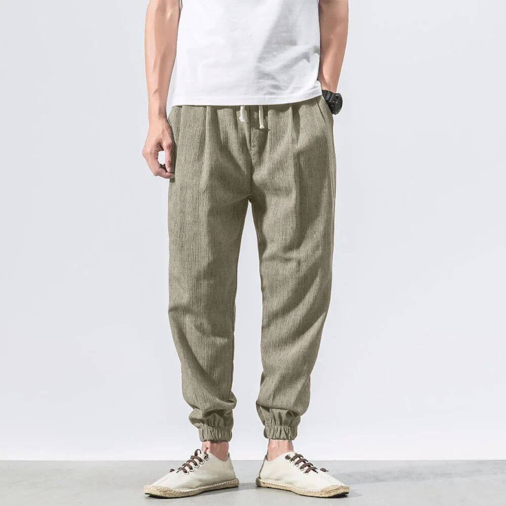 Men's light beige cotton linen pants relaxed fit breathable casual style for warm weather comfort