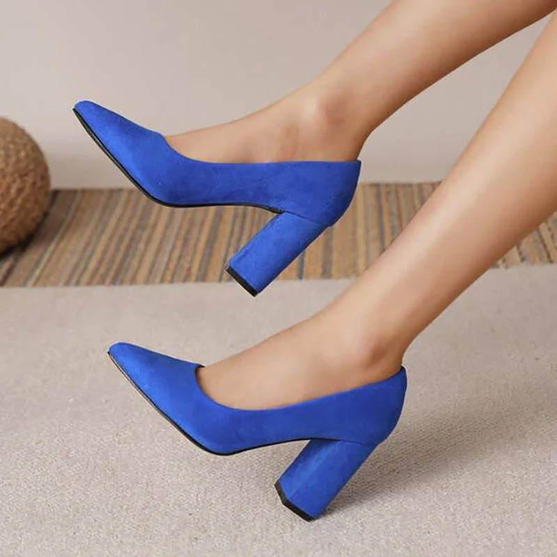 Women's pointed toe block heel pumps in classic style, versatile for office and festive occasions