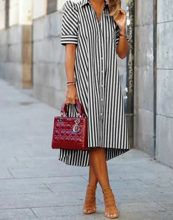 Women's black and white striped shirt dress, modern elegant silhouette with timeless classic cut