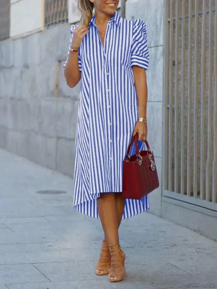 Women's black and white striped shirt dress, modern elegant silhouette with timeless button-front design