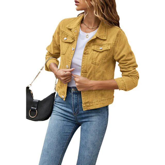 Women's cropped denim jacket in classic blue with slightly fitted silhouette and front button closure