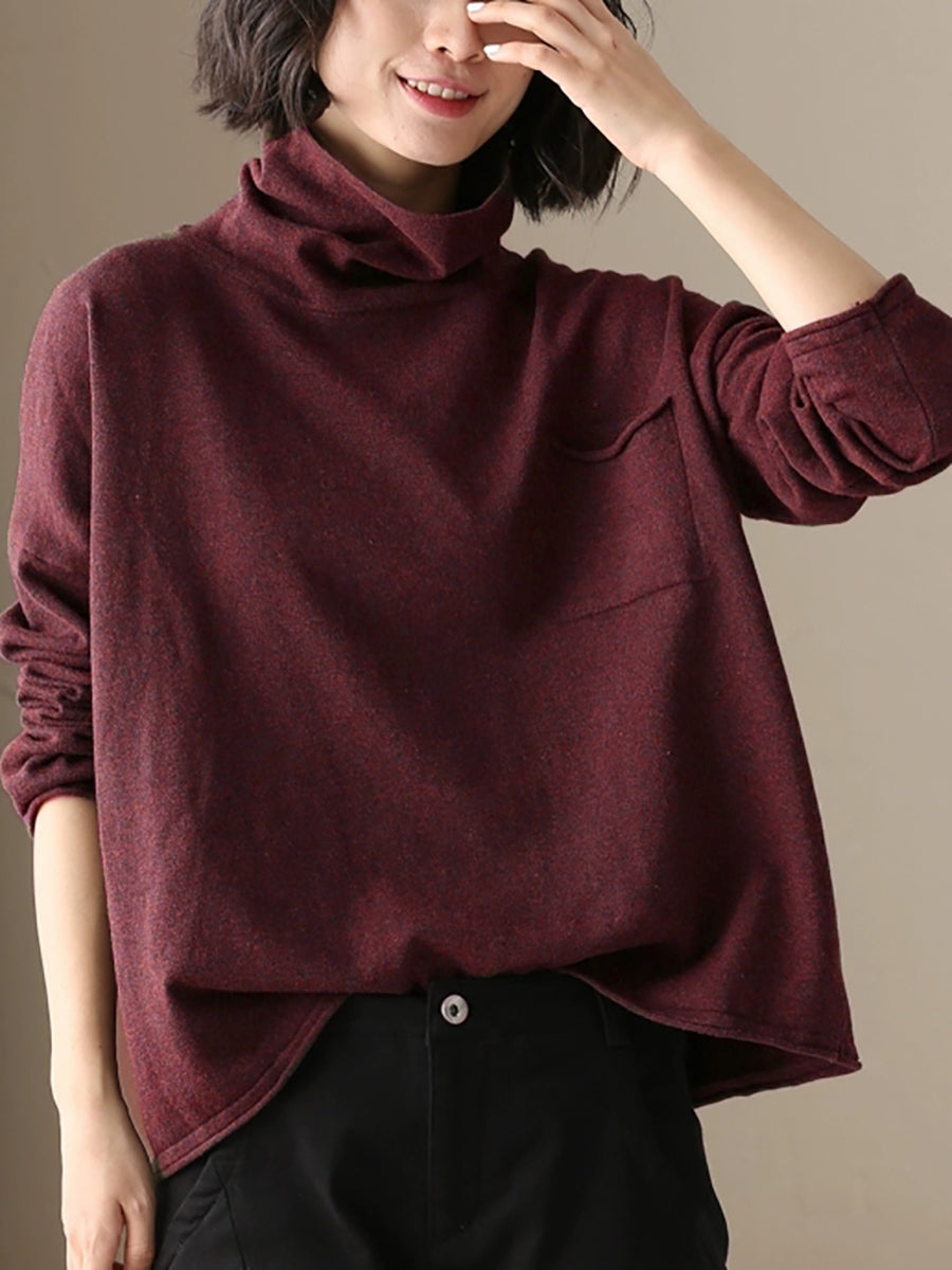 Women's relaxed fit turtleneck tunic shirt asymmetrical hem patch pocket dropped shoulder long sleeve
