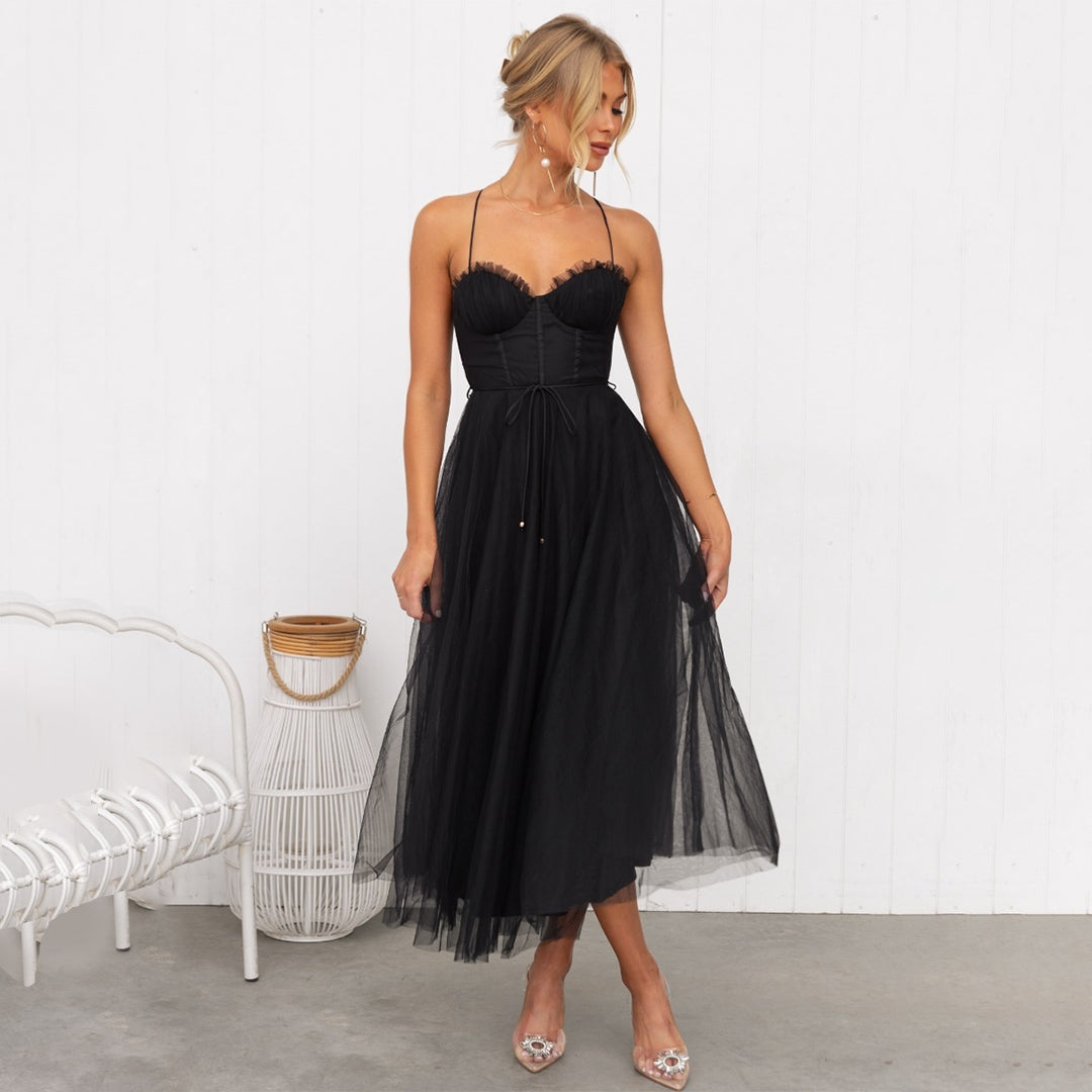 Women's strapless sweetheart neckline midi dress in layered tulle A-line silhouette for formal occasions
