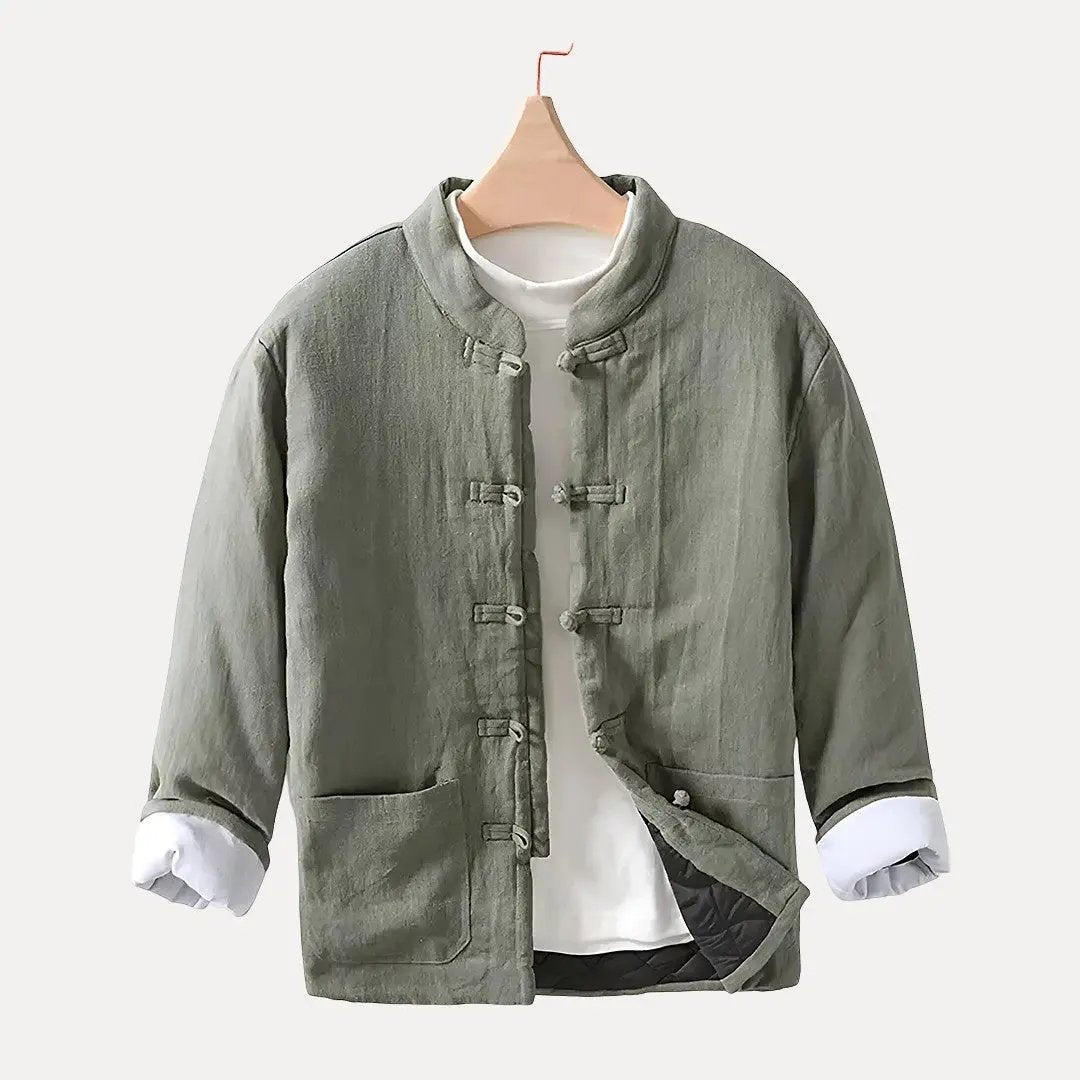 Men's loose fit Chinese style padded jacket cotton linen blend neutral tones mandarin collar