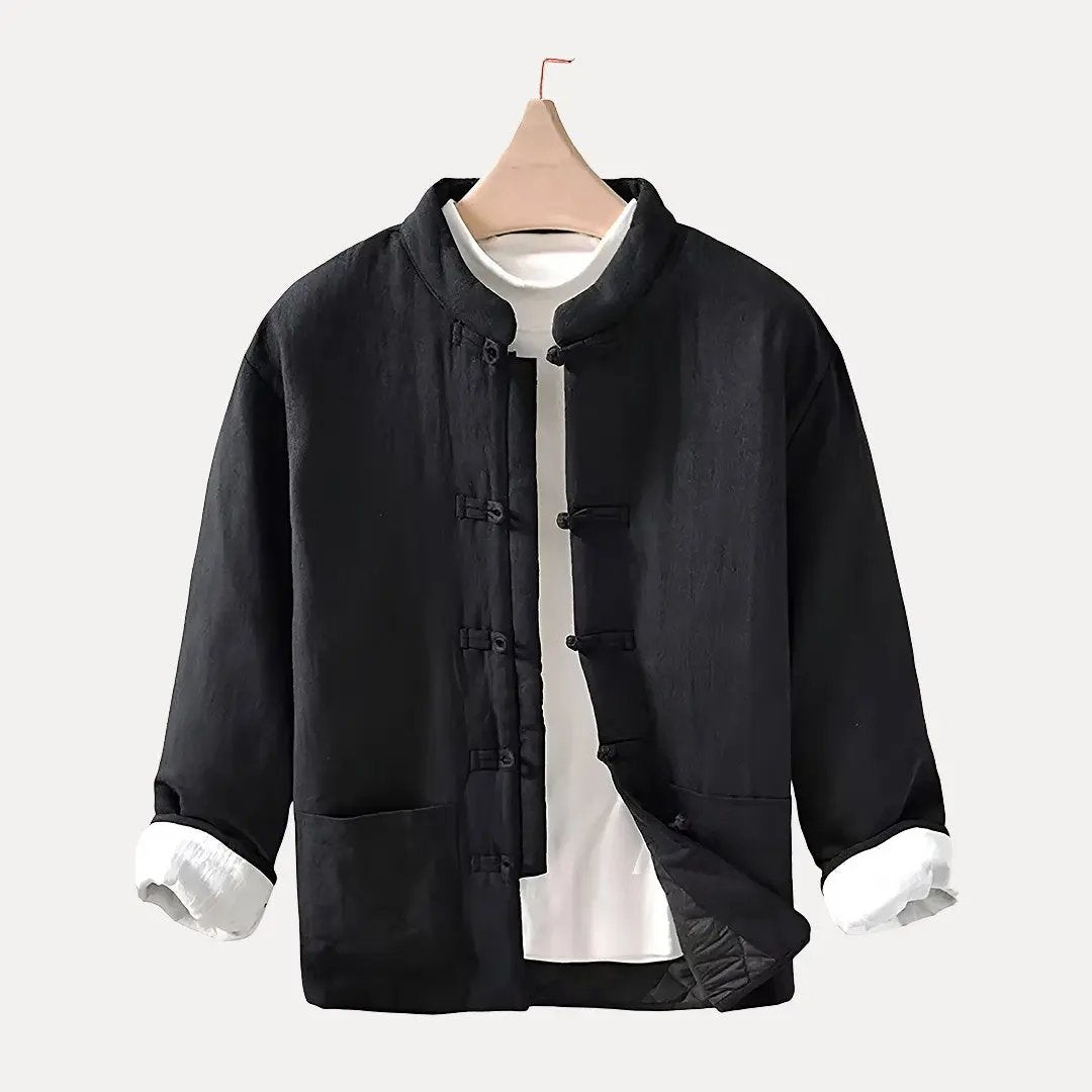 Men's beige cotton-linen loose fit padded jacket with Chinese heritage-inspired design for casual warmth