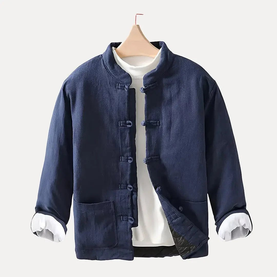 Men's loose fit Chinese style padded jacket cotton linen blend neutral tones mandarin collar