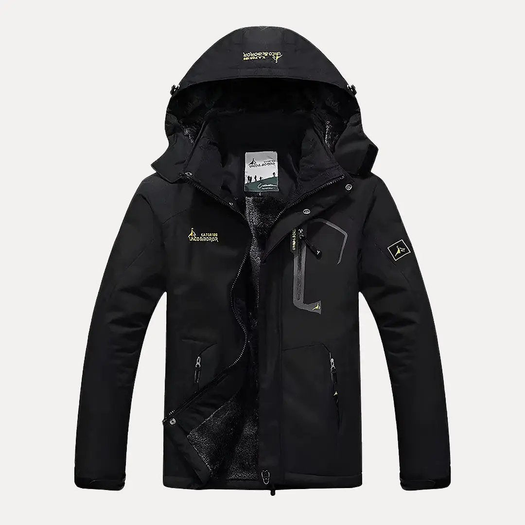 Men's dark military hooded winter jacket with thick insulation, windproof shell, and fur-lined hood
