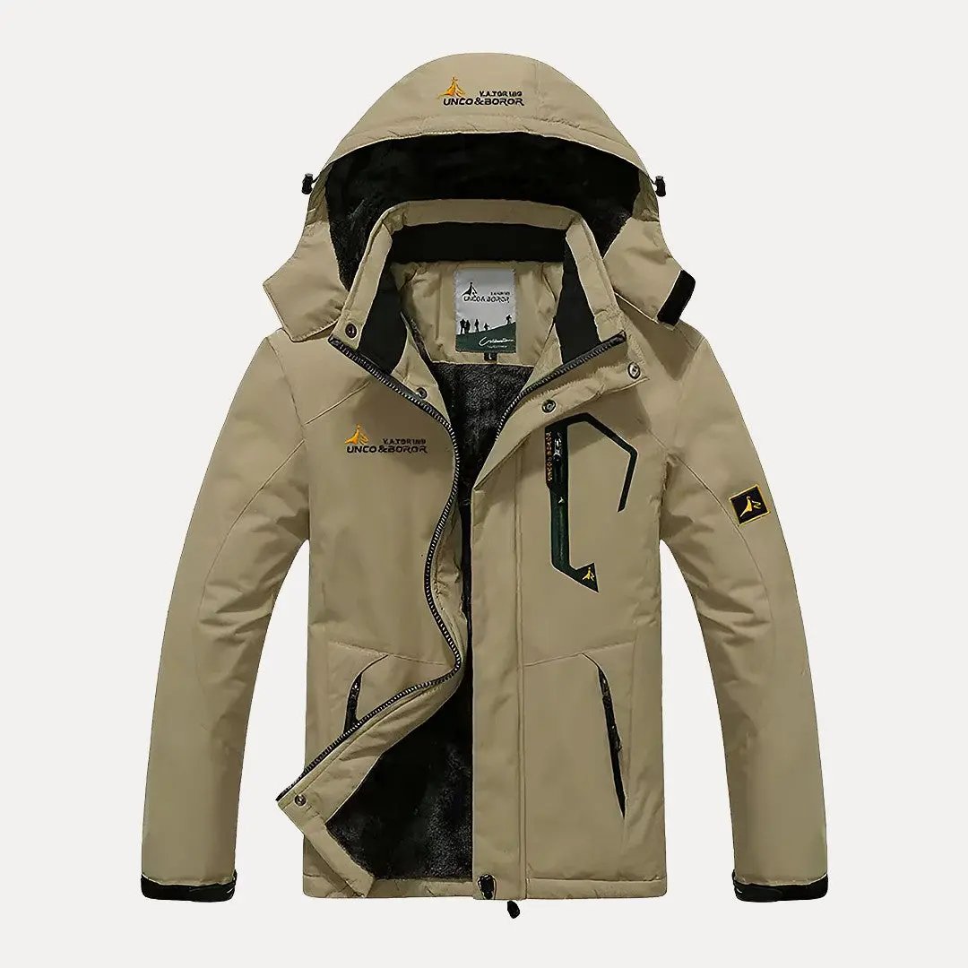Men's military-style hooded winter jacket with thick insulation, windproof design, and fur-lined hood