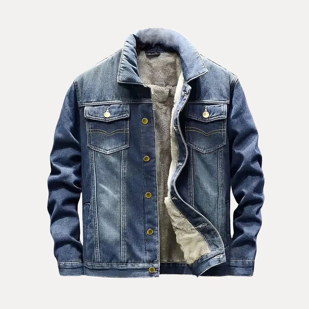 Men's light blue denim jacket with warm wool liner, casual fit, ideal for everyday winter outerwear