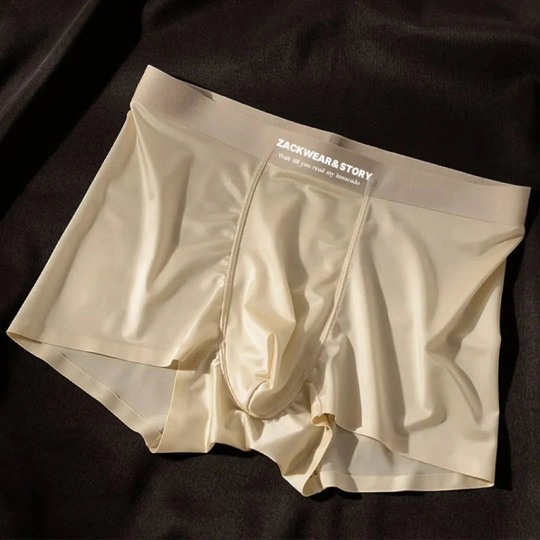 Men's ice silk stretch boxer briefs with contour pouch, sleek glossy finish, ultra-soft breathable fabric