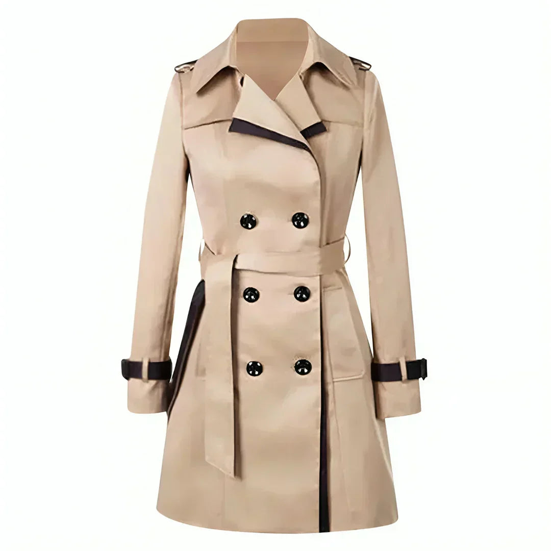 Women's beige double-breasted trench jacket lightweight tailored silhouette with structured front closure