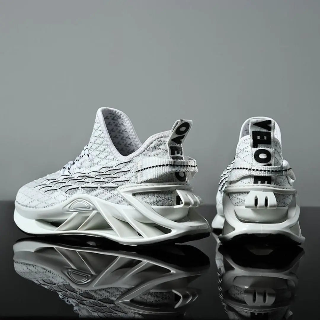 Black futuristic knit sneakers blade sole cushioned insole bold minimalist street style