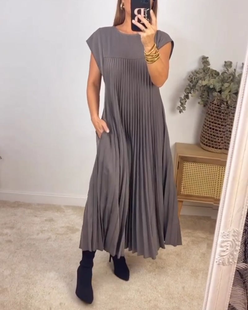 Women's timeless sleeveless crew neck long straight dress in solid color for everyday elegant wear