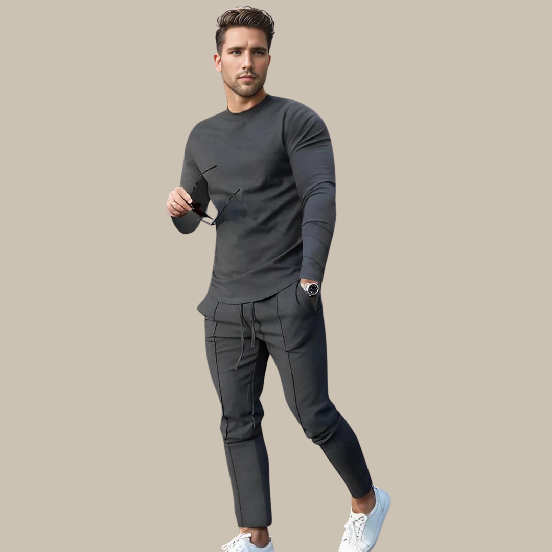 Men's casual two-piece set with sleek long-sleeve top and tailored jogger pants for modern style