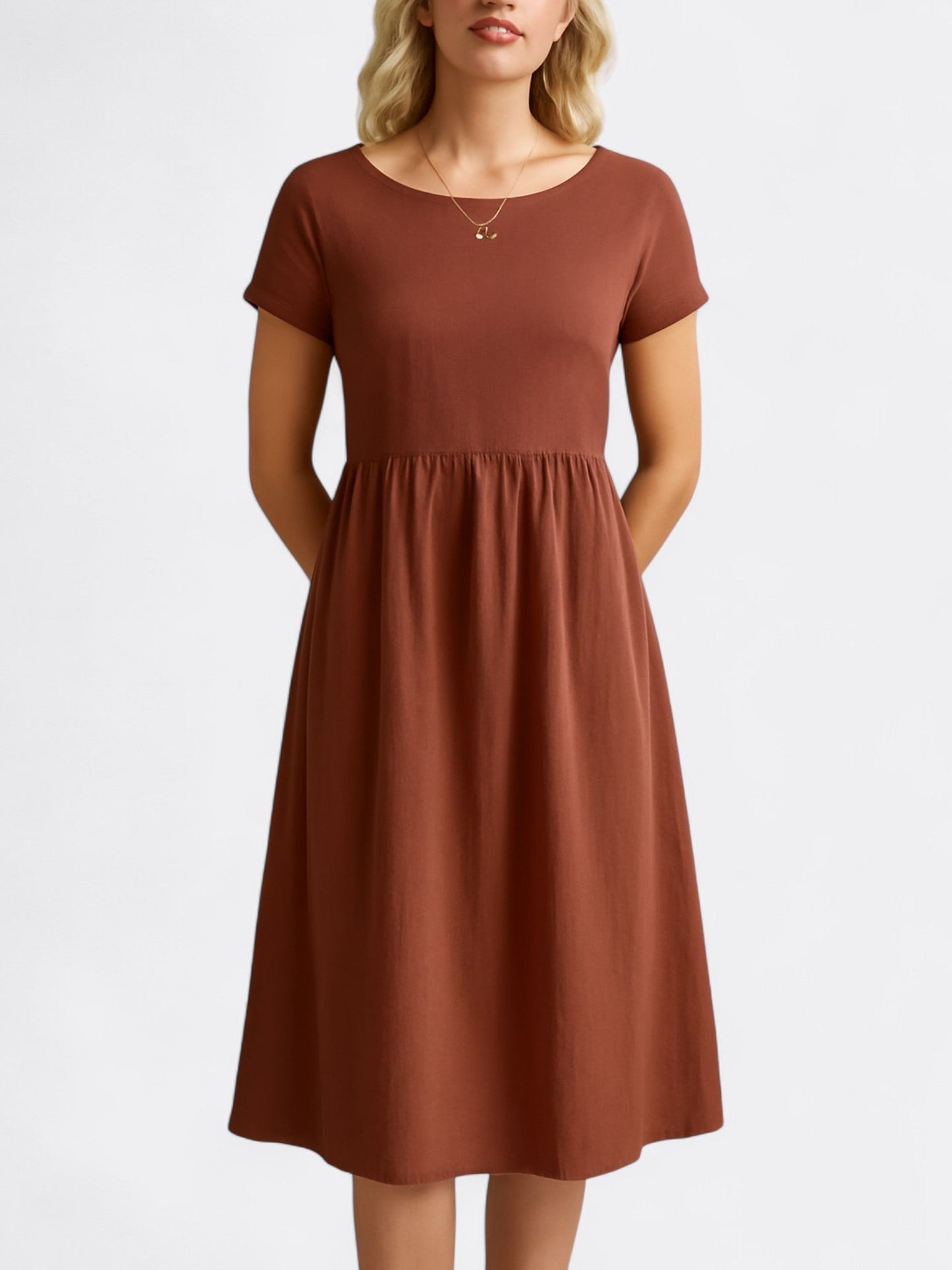 Women's soft breathable midi dress A-line silhouette short sleeves round neck everyday versatile