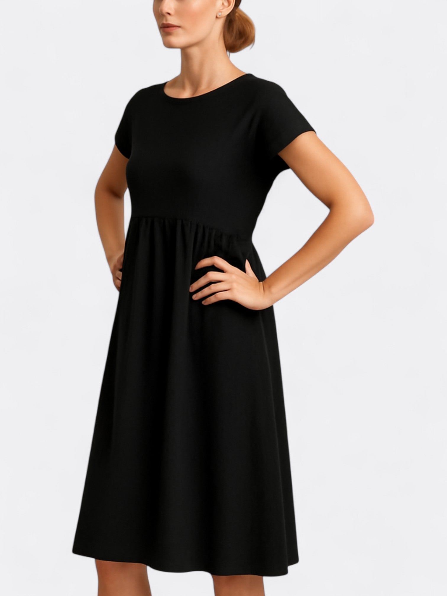 Women's sage green A-line midi dress with short sleeves, round neck, and breathable soft everyday fabric