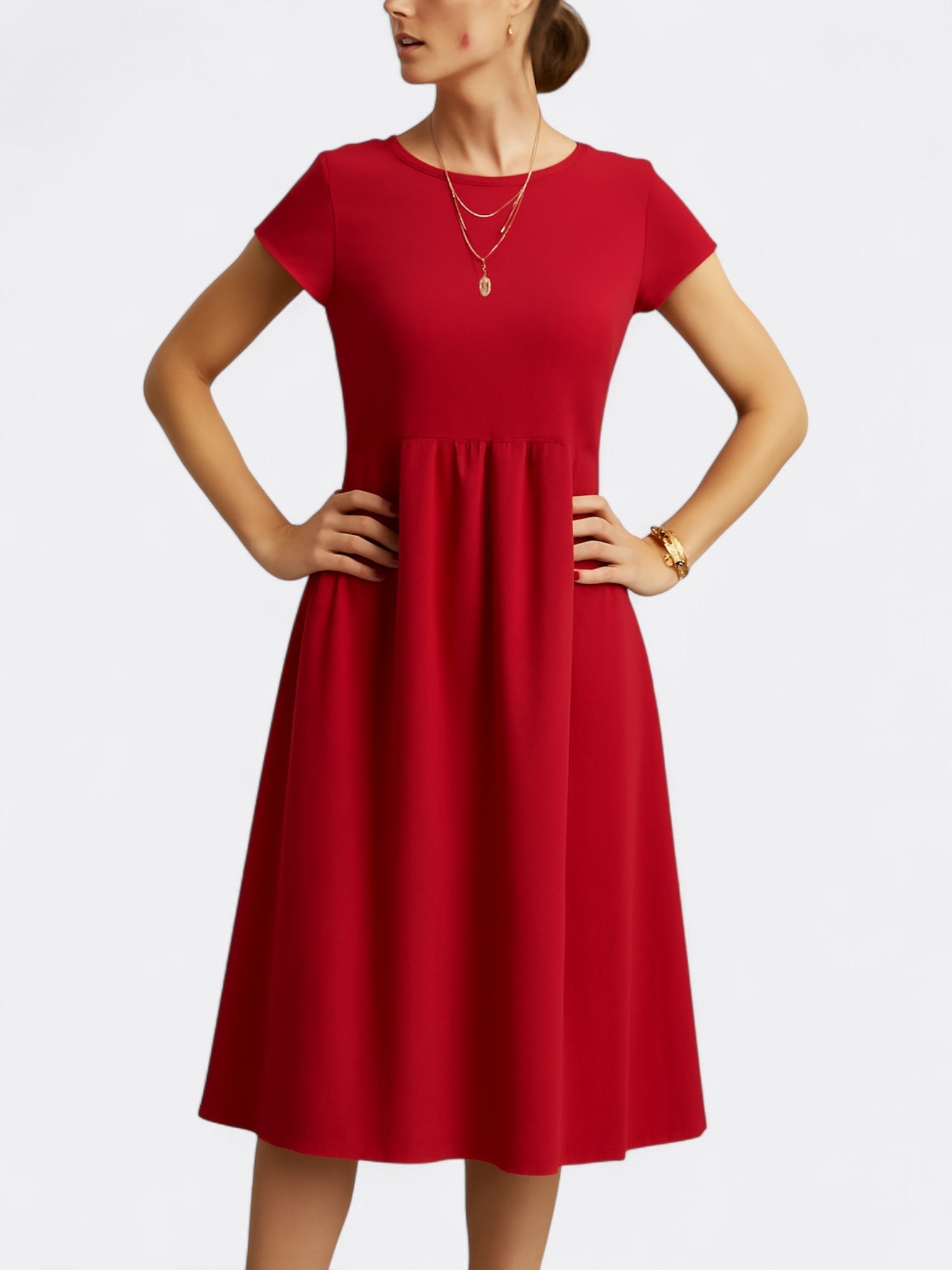 Women's midi dress A-line silhouette soft breathable fabric short sleeves round neck everyday wear