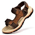 Genuine leather outdoor sandals with cushioned footbed, breathable cutout straps for all-day comfort