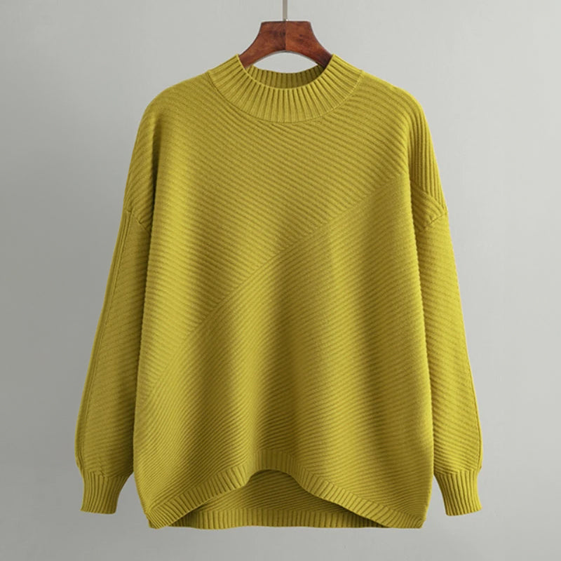 Women's vintage knit pullover, cozy high collar sweater in neutral tones with retro charm