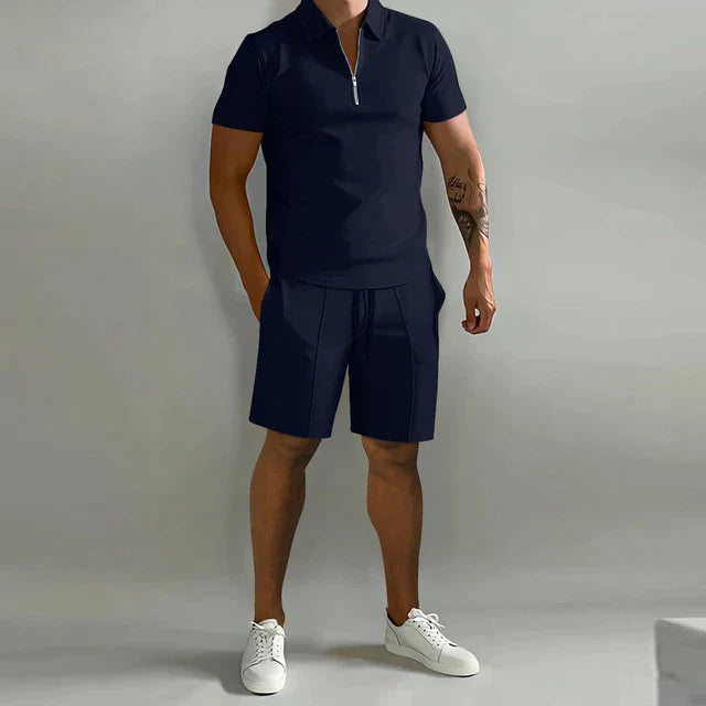 Men's slim-fit zip polo & drawstring shorts set casual activewear matching athletic outfit