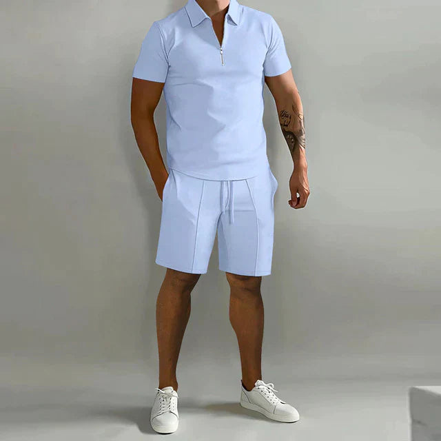 Men's slim-fit zip polo & drawstring shorts set casual activewear matching athletic two-piece outfit
