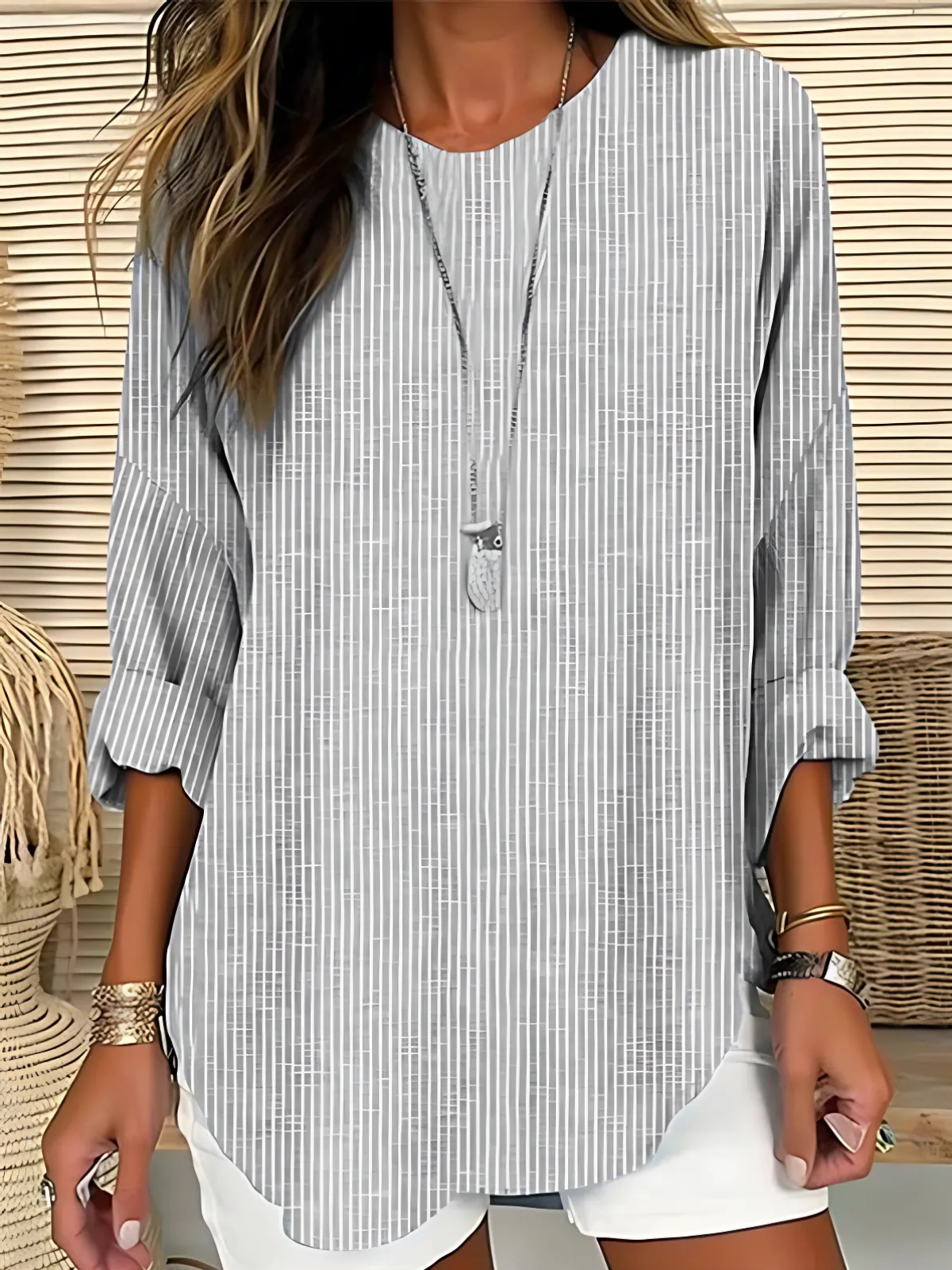 Women's relaxed-fit drapey pullover top in neutral tone, clean silhouette for everyday comfort