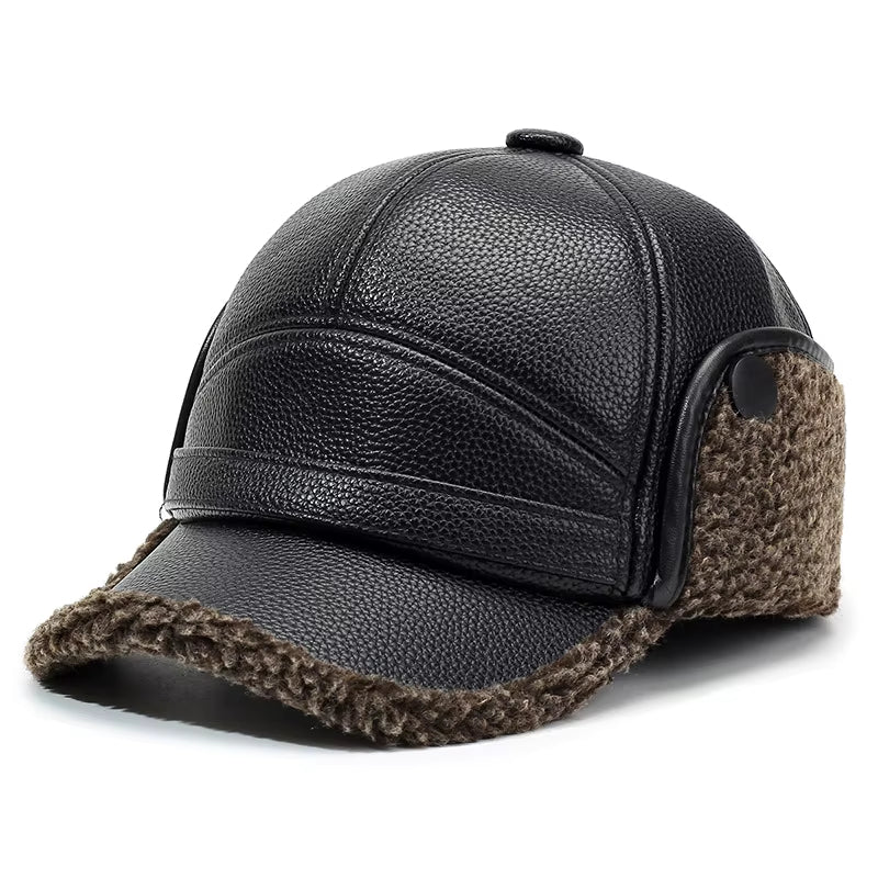 Brown vegan leather aviator cap with faux shearling lining, weatherproof winter hat with earflaps