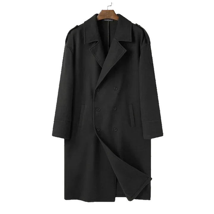Men's long loose-fit overcoat in neutral tone, relaxed silhouette layered styling for casual to smart looks