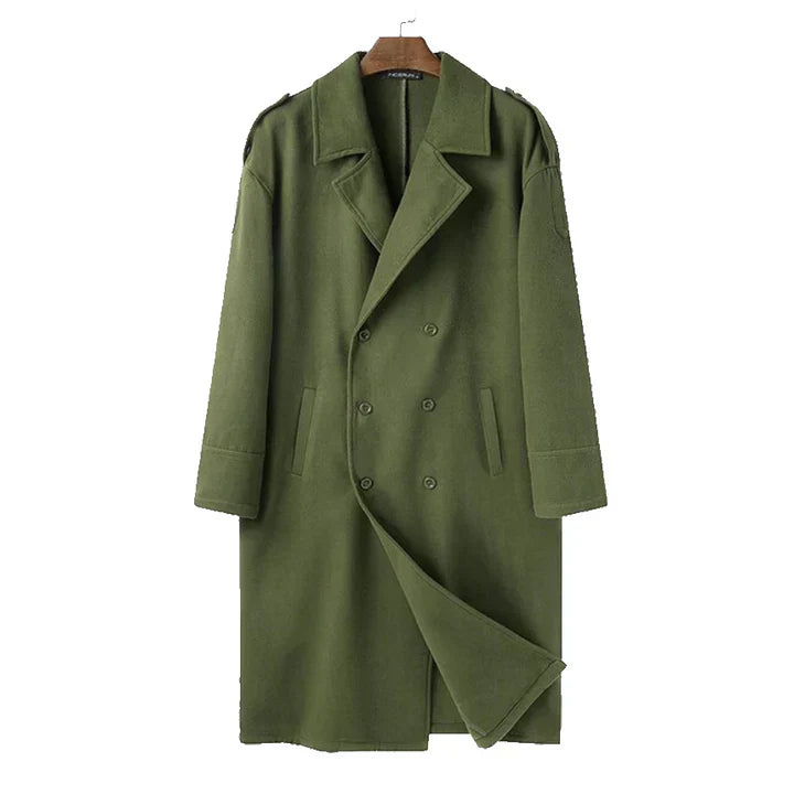 Men's long loose-fit overcoat in neutral tones, relaxed silhouette with effortless layering versatility