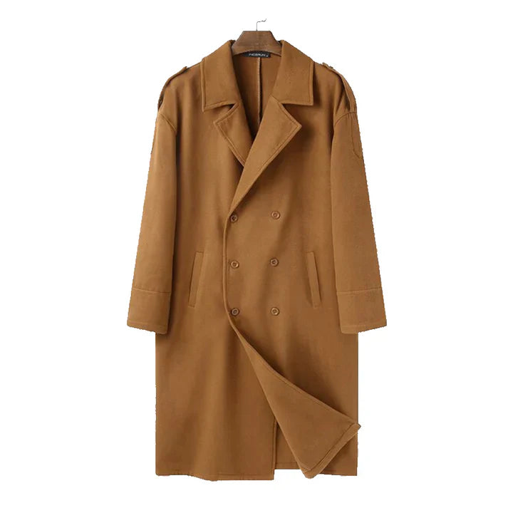 Men's long loose-fit overcoat in neutral tone, relaxed silhouette versatile layering outerwear for cool days