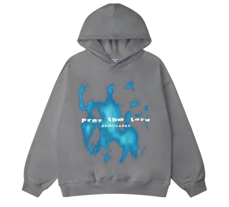 Men's gray graphic hoodie long sleeve ribbed cuffs bold front chest print casual everyday style