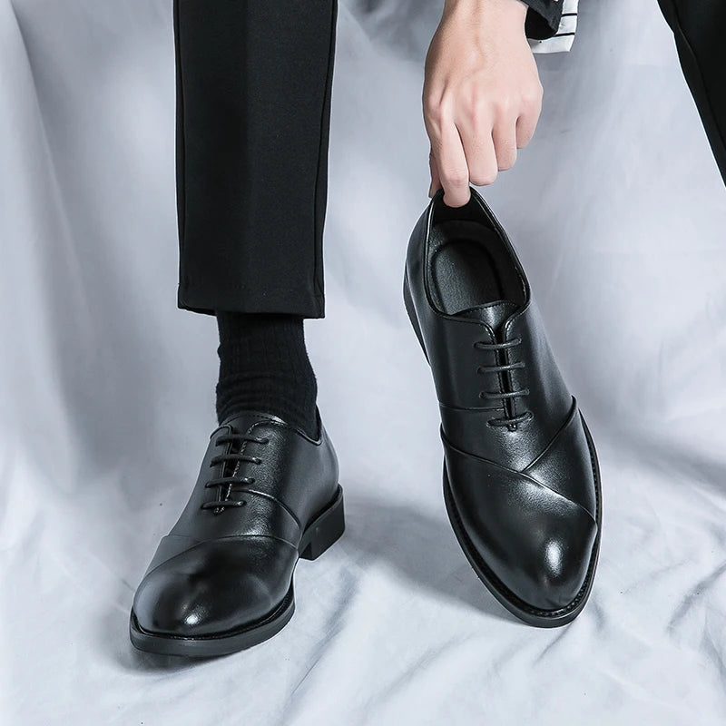 Men's black smooth genuine leather cap toe Derby shoes low heel formal lace-up footwear