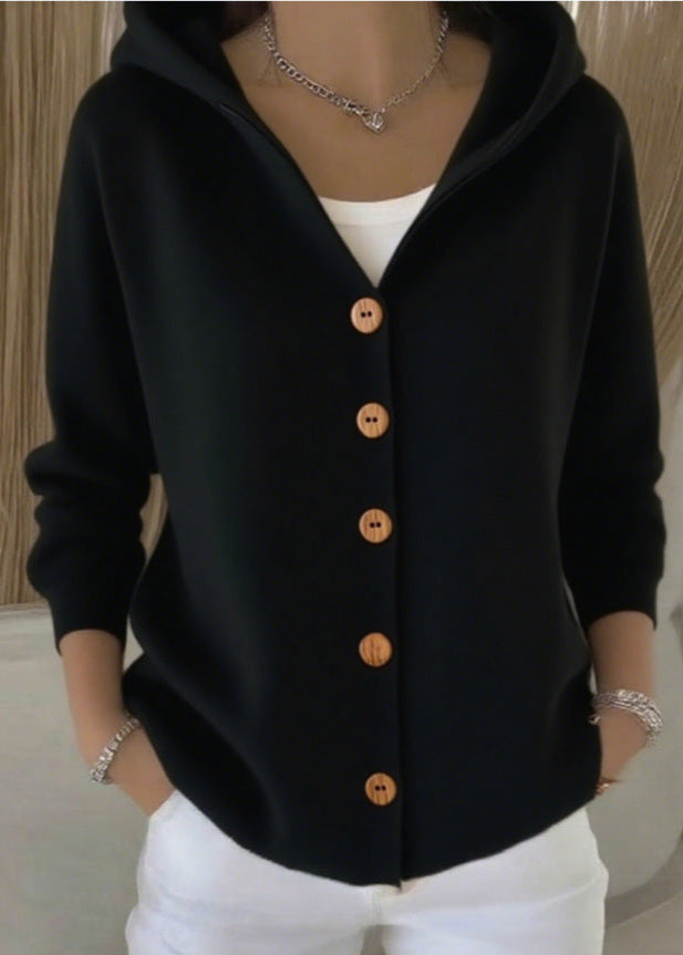 Women's hooded knit cardigan beige minimalist silhouette full button-front with wooden buttons