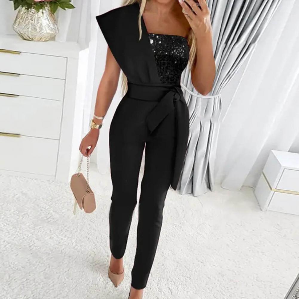 Women's gold sequin one-shoulder jumpsuit with stretch fit and shimmering asymmetrical neckline