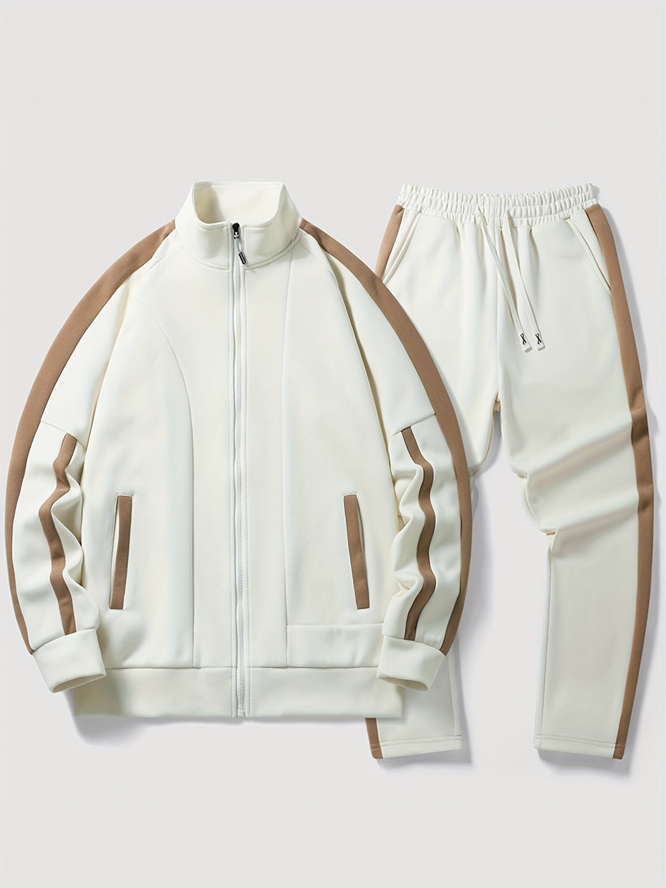 Men's black tracksuit two-piece set with white contrast stripes, slim-fit jacket and pants for gym